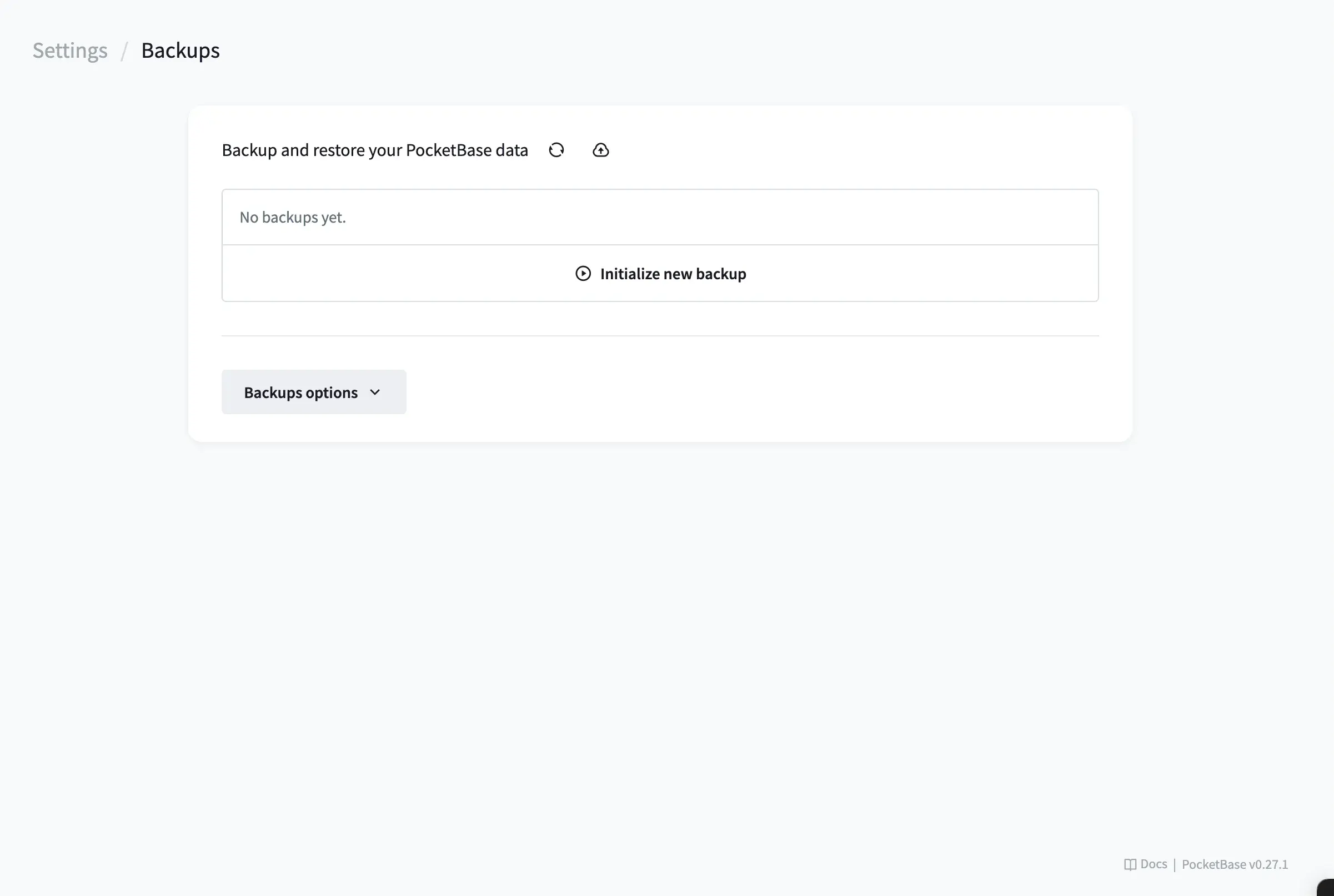 PocketBase Backups settings page