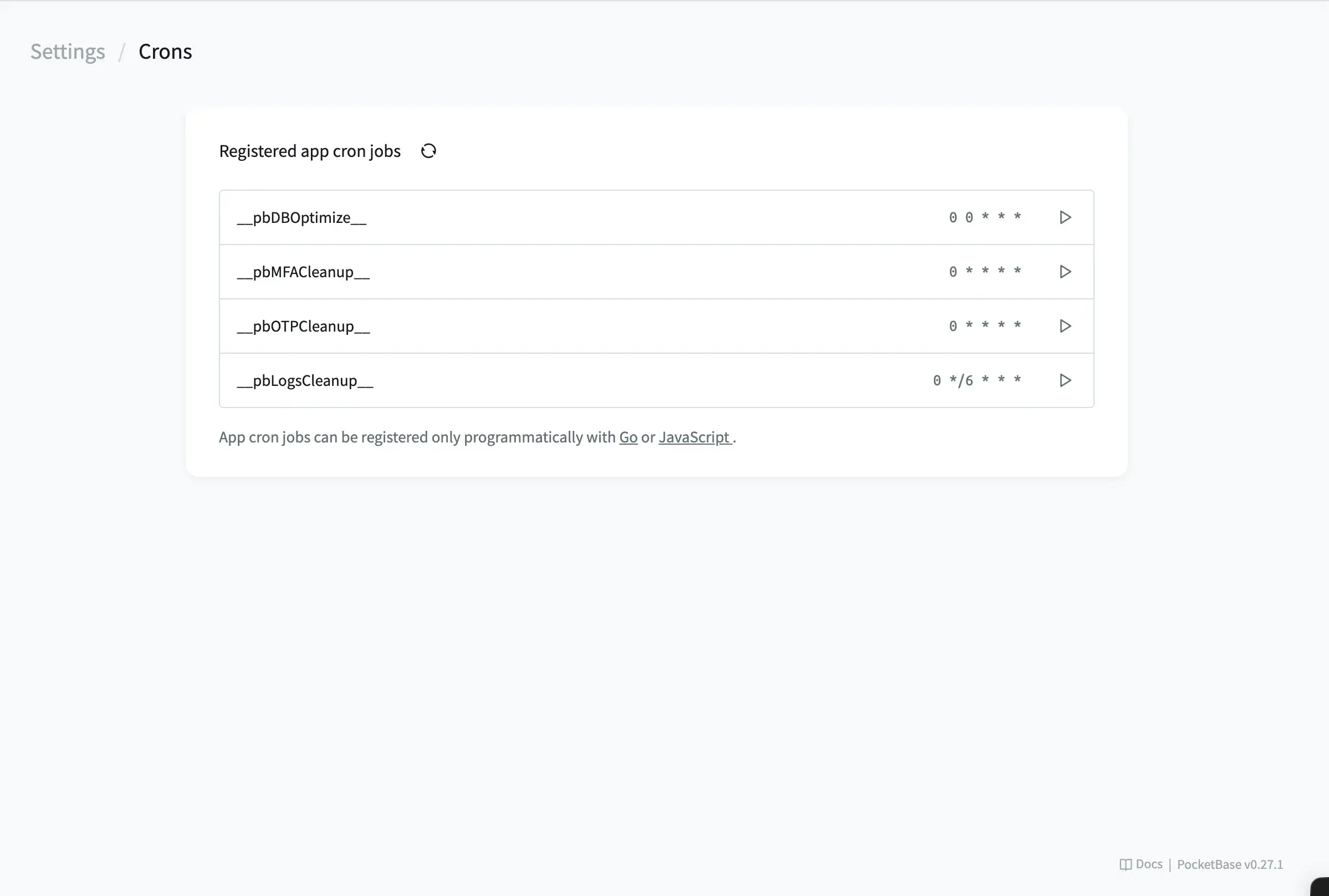PocketBase Cron Jobs settings page