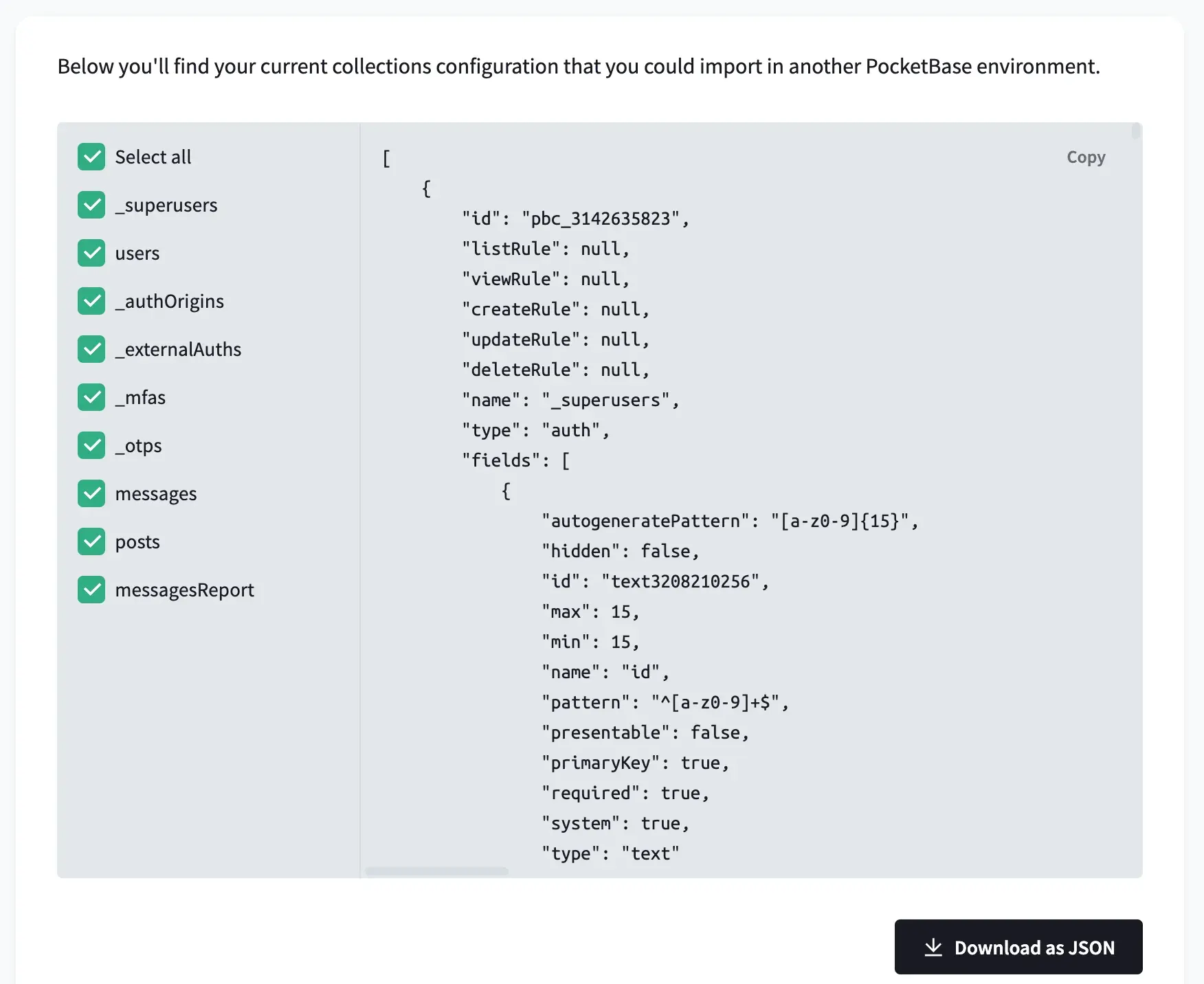 PocketBase Import/Export collections